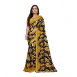 Black-Mustard Georgette floral print saree with unstitched blouse, vibrant Indian fashion wear on mannequin