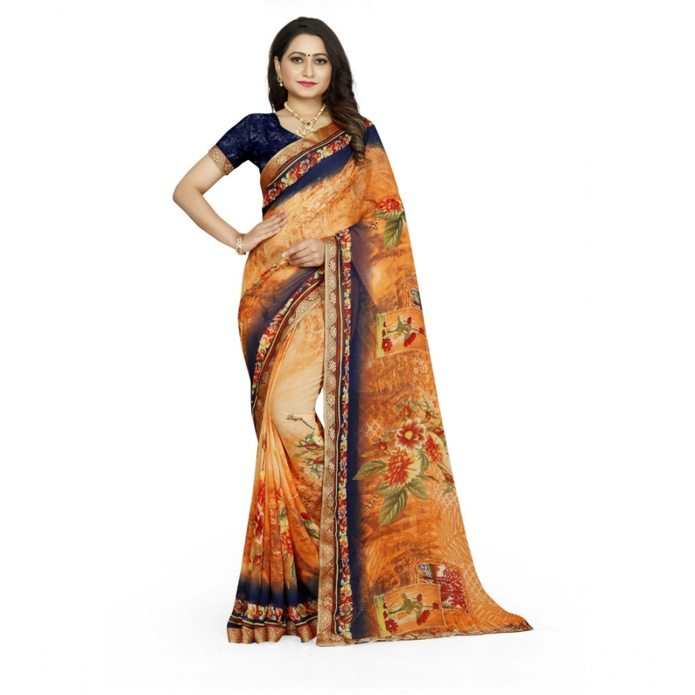Blue-Orange Georgette floral print saree with unstitched blouse, vibrant blooms on 5.5m fabric