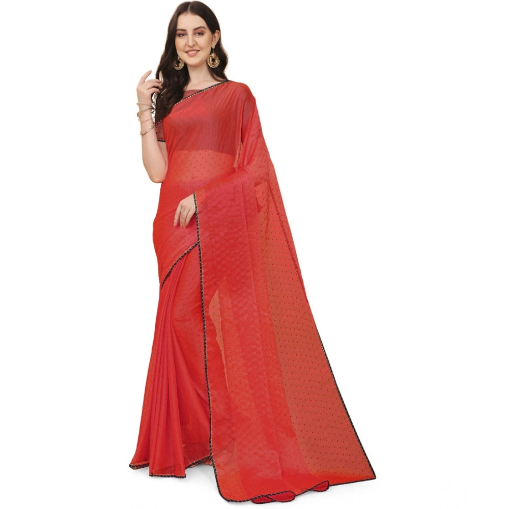 Red silk blend embellished saree with unstitched blouse, intricate patterns for traditional Indian wear