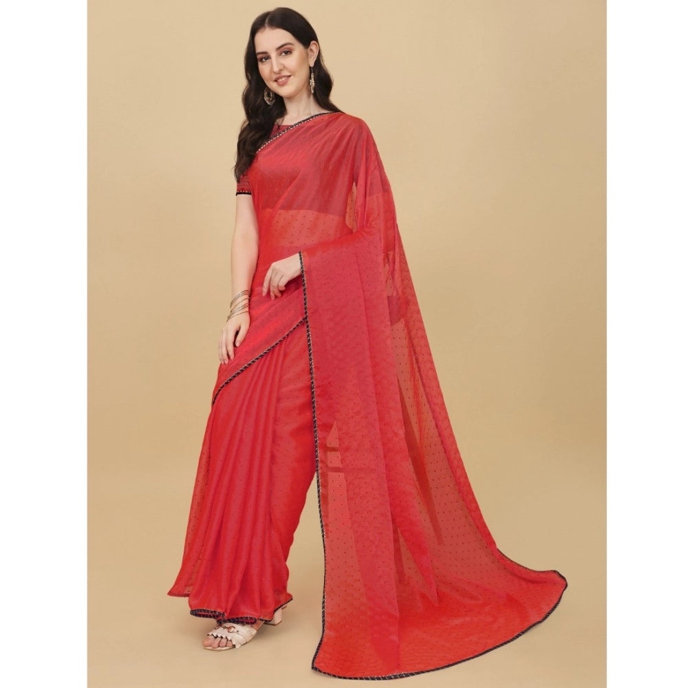 Red silk blend embellished saree with unstitched blouse (5.5mtr) - traditional Indian wear on mannequin
