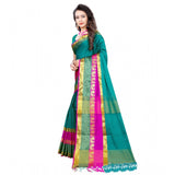 Dark green jacquard woven saree with unstitched blouse, vibrant traditional Indian wear