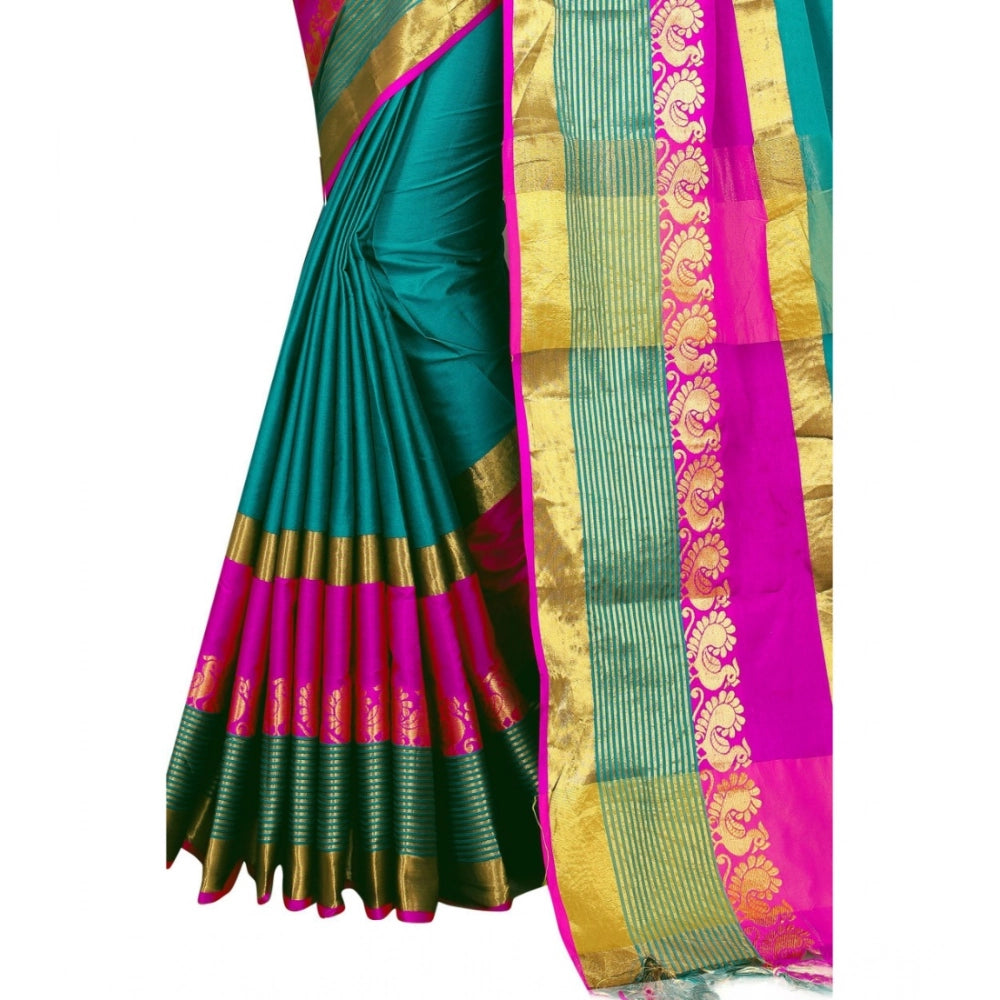 Dark green jacquard woven saree with unstitched blouse, vibrant Indian traditional attire on mannequin