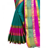 Dark green jacquard woven saree with unstitched blouse, vibrant Indian traditional attire on mannequin