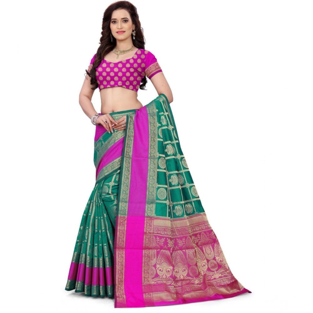 Light green jacquard woven saree with unstitched blouse, intricate patterns on vibrant display