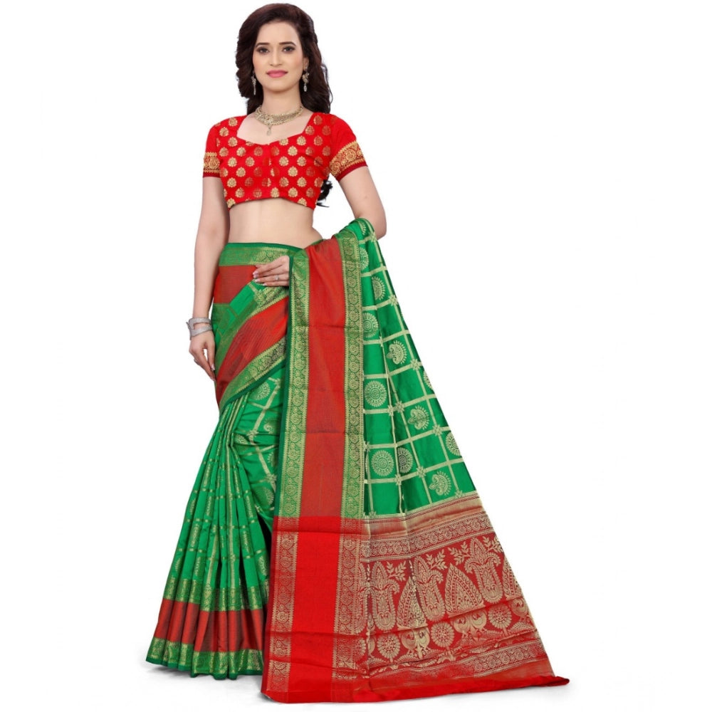 Green jacquard woven saree with unstitched blouse, 5.5mtr (traditional Indian women's clothing on display)