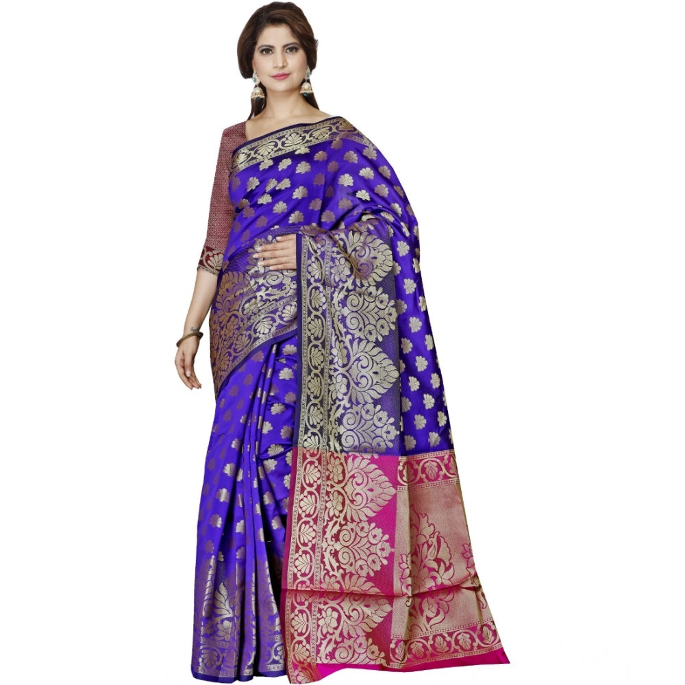 Blue jacquard woven saree with unstitched blouse, 5.5mtr length on mannequin