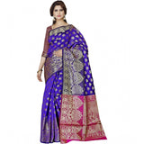 Blue jacquard woven saree with unstitched blouse, 5.5mtr length on mannequin