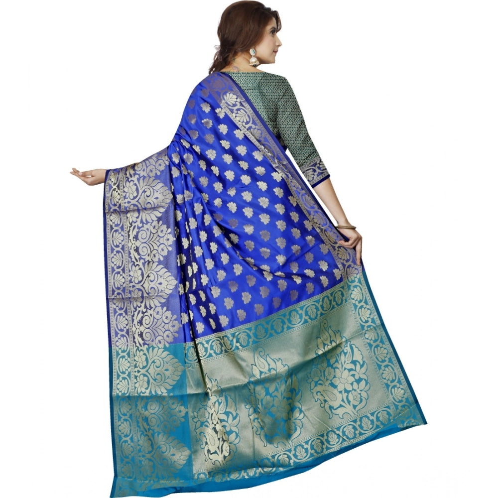Dark blue jacquard woven saree with unstitched blouse, intricate pattern for Indian women's fashion