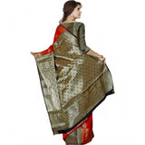 Red jacquard woven saree with unstitched blouse, traditional Indian women's fashion