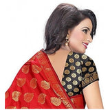 Red jacquard woven saree with unstitched blouse, vibrant traditional Indian attire on mannequin