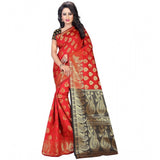 Red jacquard woven saree with unstitched blouse, vibrant traditional Indian wear for women