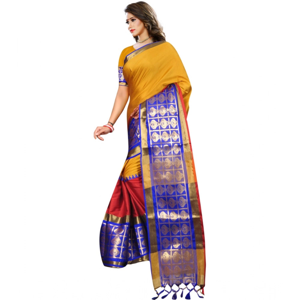 Mustard jacquard woven saree with unstitched blouse, vibrant Indian women's fashion accessory