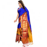 Blue jacquard woven saree with unstitched blouse, 5.5mtr length on model
