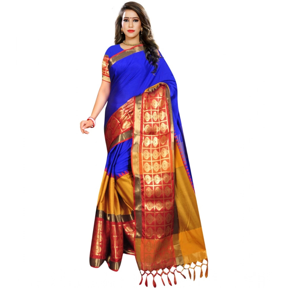 Blue jacquard woven saree with unstitched blouse, 5.5mtr length on mannequin