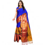 Blue jacquard woven saree with unstitched blouse, 5.5mtr length on mannequin