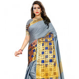 Light blue jacquard woven saree with unstitched blouse, vibrant Indian traditional wear