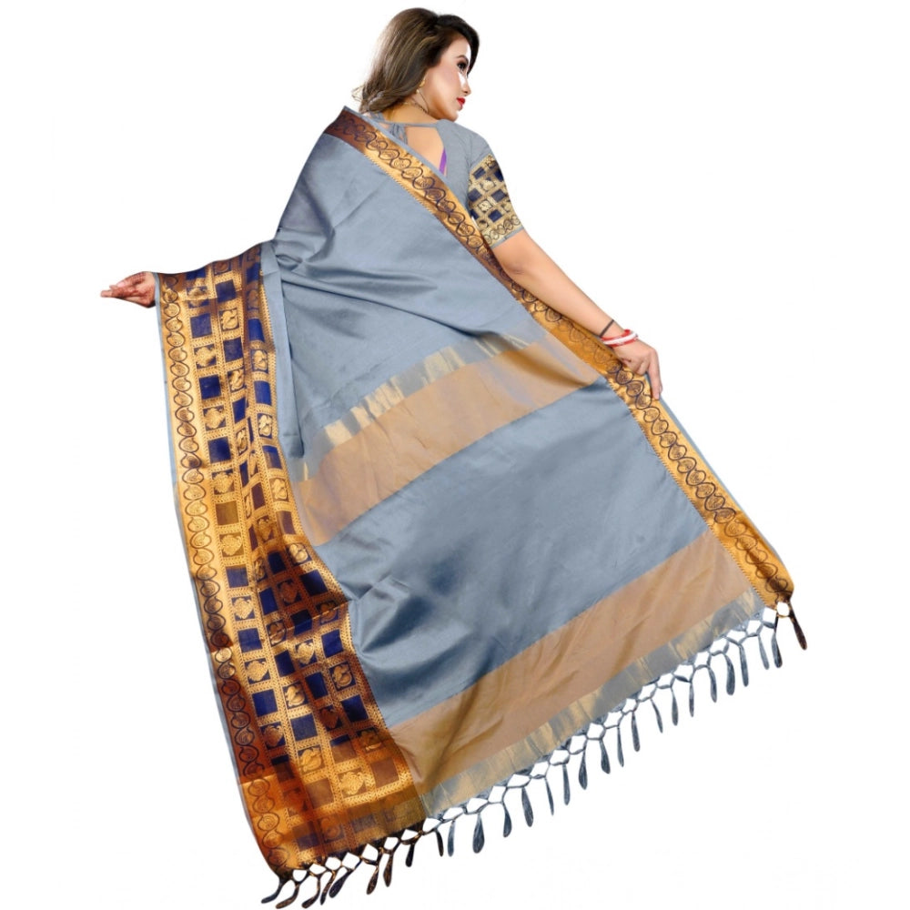 Light blue jacquard woven saree with unstitched blouse, ideal for traditional Indian wear