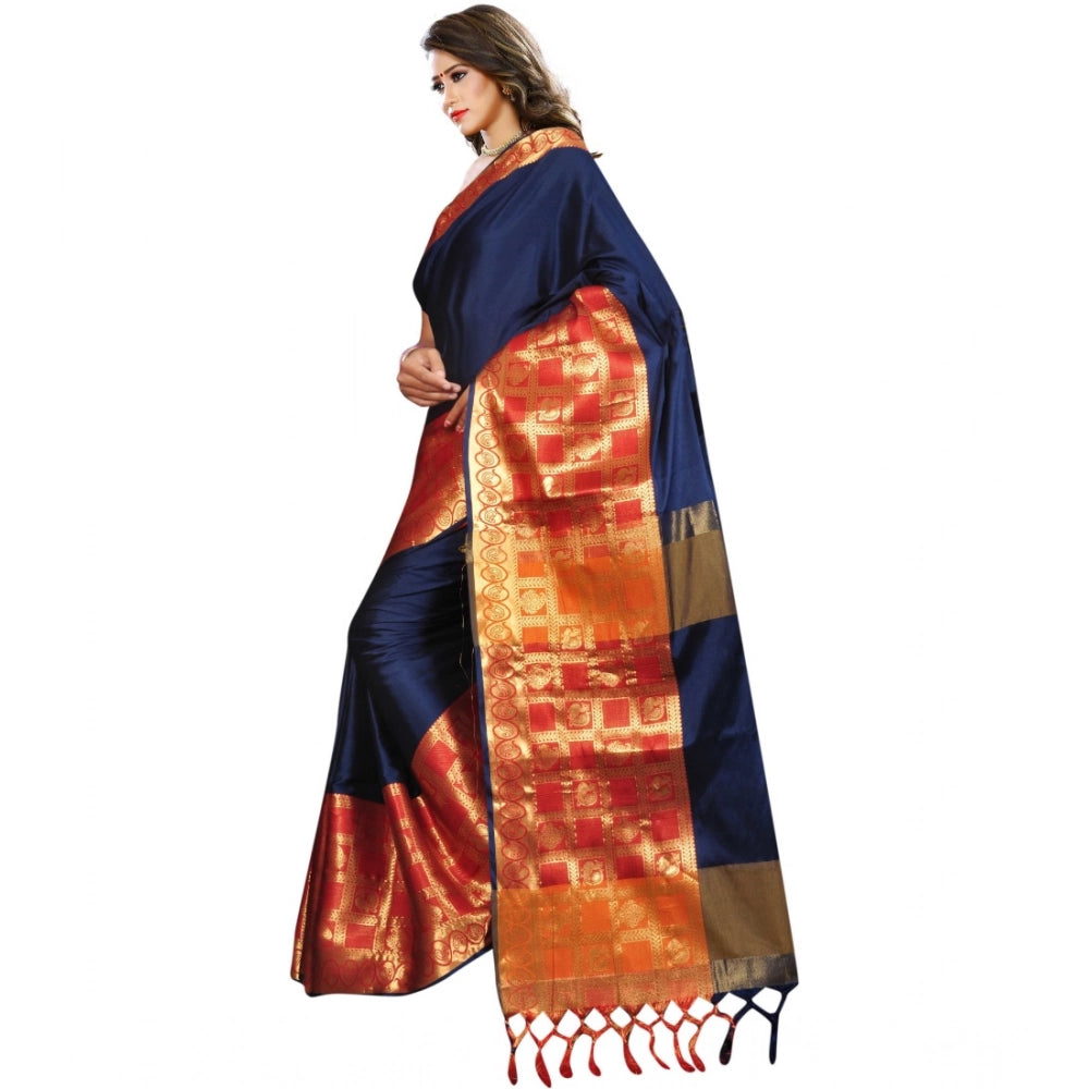 Blue jacquard woven saree with unstitched blouse, 5.5mtr length