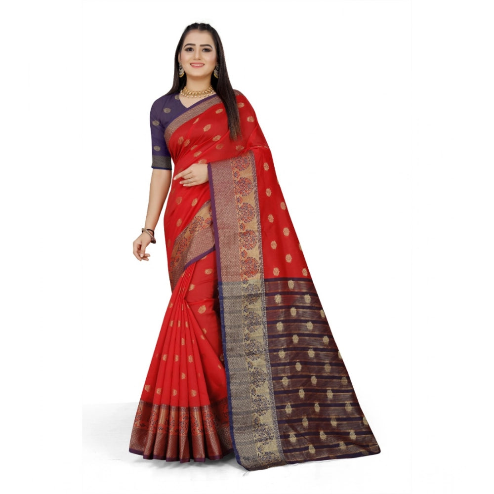 Red jacquard woven saree with unstitched blouse, 5.5mtr (detailed close-up)