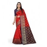 Red jacquard woven saree with unstitched blouse, 5.5mtr (detailed close-up)