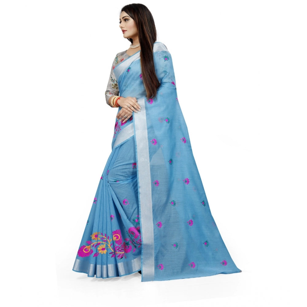 Light blue cotton silk embroidered saree with unstitched blouse, intricate design on display