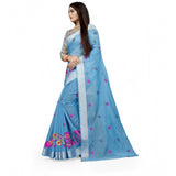 Light blue cotton silk embroidered saree with unstitched blouse, intricate design on display