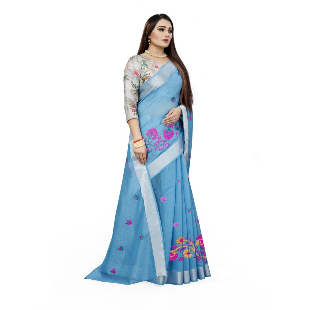 Light blue cotton silk embroidered saree with unstitched blouse, intricate design on elegant garment