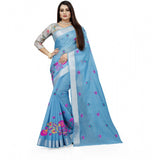 Light Blue cotton silk embroidered saree with unstitched blouse, intricate floral patterns for traditional Indian wear