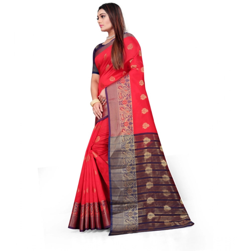 Red silk blend woven saree with unstitched blouse, elegant Indian women's fashion accessory