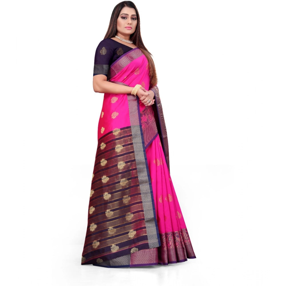 Pink silk blend woven saree with unstitched blouse, 5.5mtr length for traditional Indian wear
