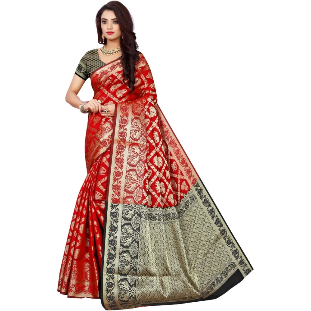 Red jacquard woven saree with unstitched blouse, vibrant fashion accessory for traditional Indian wear