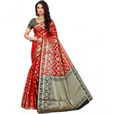 Red jacquard woven saree with unstitched blouse, vibrant fashion accessory for traditional Indian wear