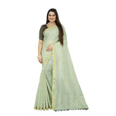 Green cotton blend solid/plain saree with unstitched blouse, 5.5mtr on mannequin