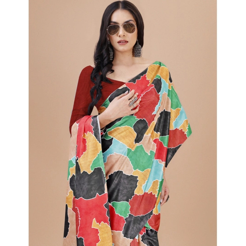 Red crepe digital print saree with unstitched blouse, vibrant Indian wear for women