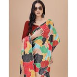 Red crepe digital print saree with unstitched blouse, vibrant Indian wear for women