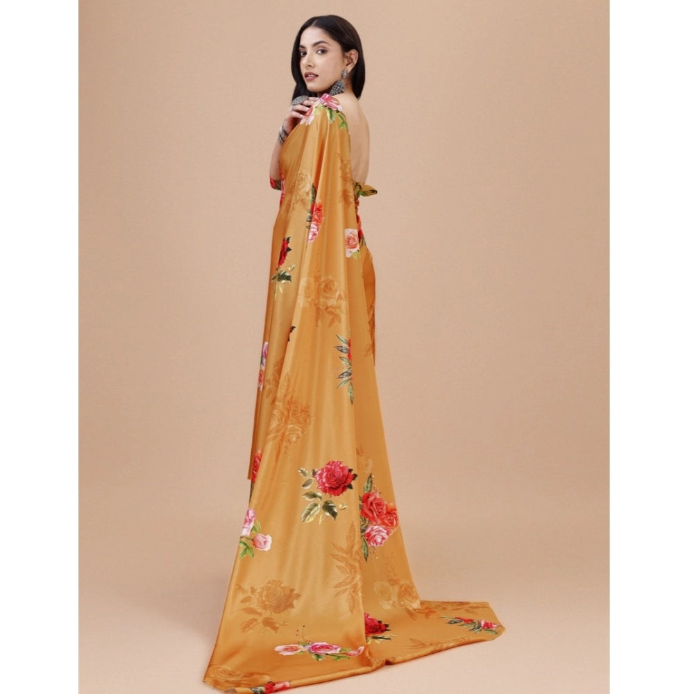 Mustard crepe digital print saree with unstitched blouse, vibrant Indian fashion accessory