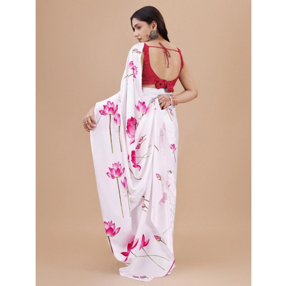 White crepe digital print saree with unstitched blouse, intricate design on display