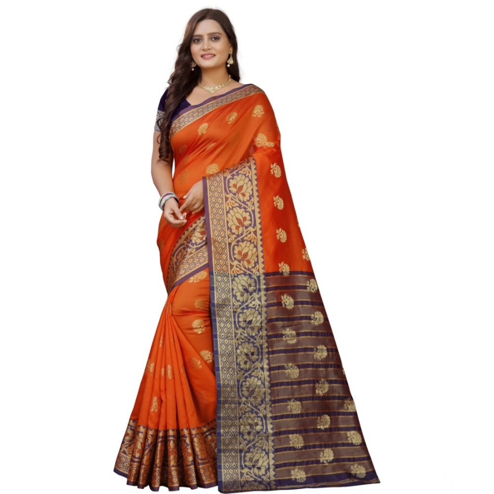 Gold-Orange silk blend woven saree with unstitched blouse, vibrant Indian fashion accessory on display