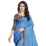 Women's Cotton Silk Checkered Saree With Unstitched Blouse 5.5Mtr (Light Blue)