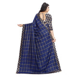 Women's Cotton Silk Checkered Saree With Unstitched Blouse 5.5Mtr (Dark Blue)