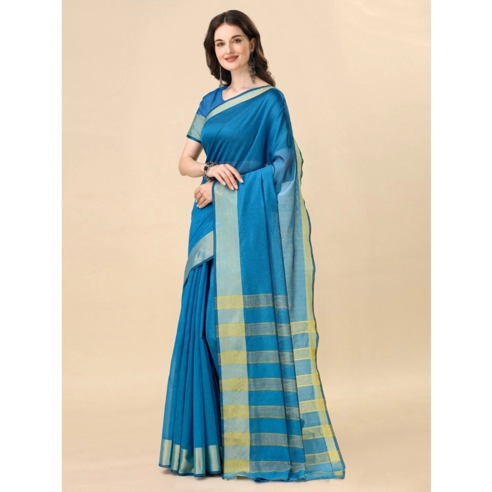 Light blue striped cotton silk saree with unstitched blouse (5.5mtr), elegant traditional wear