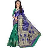 Green jacquard woven saree with unstitched blouse, vibrant and intricate pattern for traditional Indian wear