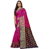 Purple-pink silk blend woven saree with unstitched blouse, vibrant Indian ethnic wear for women