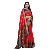 Red-Blue silk blend woven saree with unstitched blouse, vibrant Indian fashion accessory