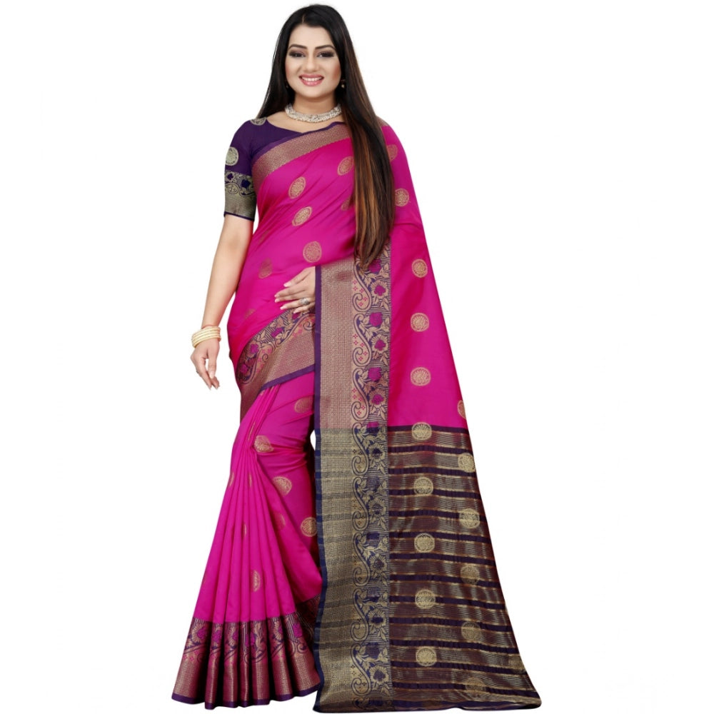 Blue-Pink silk blend woven saree with unstitched blouse, vibrant Indian fashion accessory for women