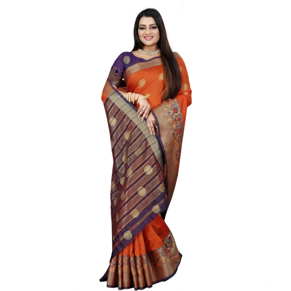 Blue-Orange silk blend woven saree with unstitched blouse, vibrant Indian women's attire for special occasions