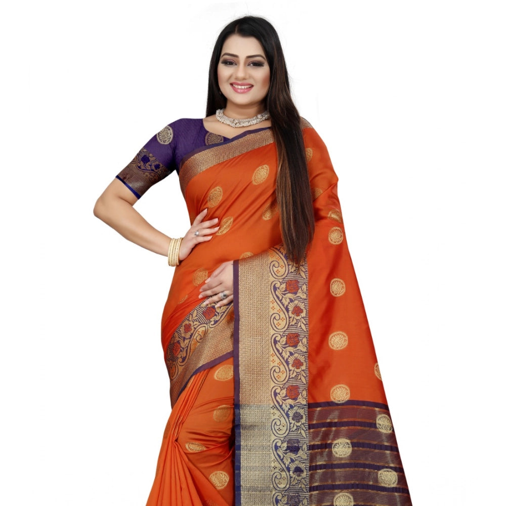 Blue-Orange silk blend woven saree with unstitched blouse, vibrant Indian fashion accessory for women's traditional wear