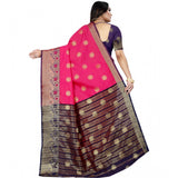 Blue-Pink silk blend woven saree with unstitched blouse, vibrant Indian fashion accessory for women on display