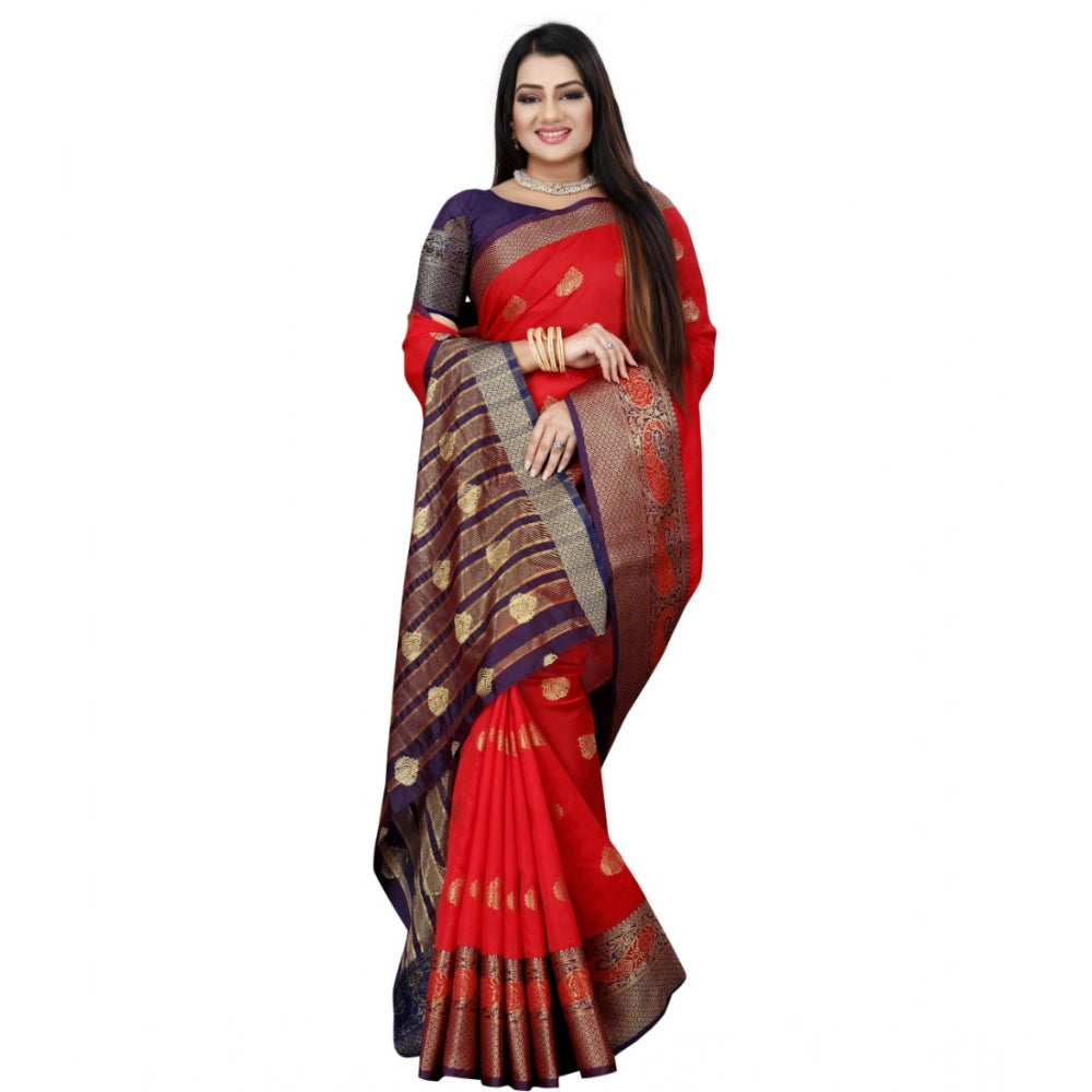 Purple-Red silk blend woven saree with unstitched blouse, vibrant Indian fashion accessory