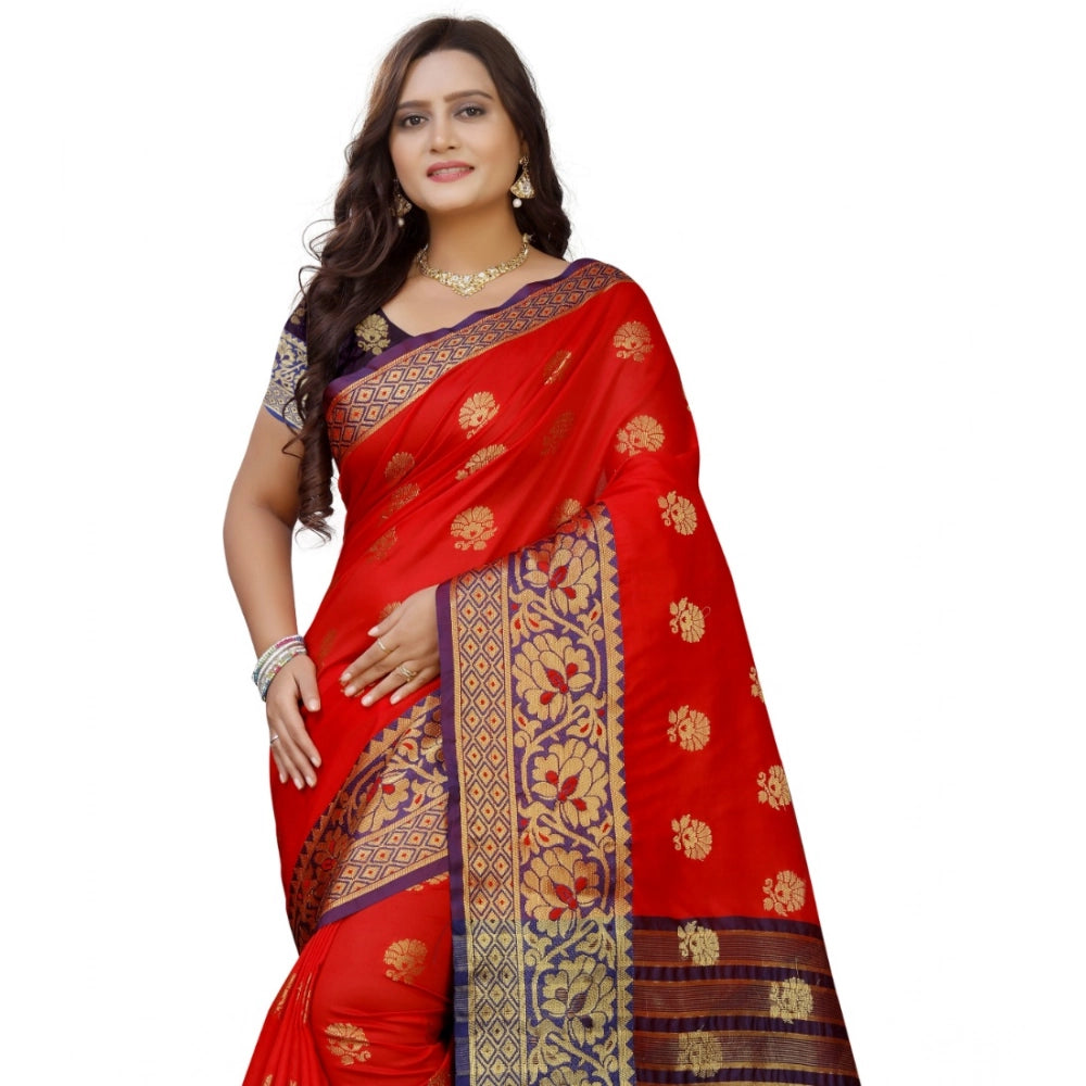 Purple-Red silk blend woven saree with unstitched blouse (5.5Mtr) - elegant Indian women's fashion accessory